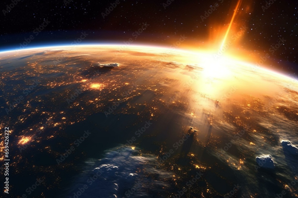 Stunning space view: earth glowing, bathed in sunlight and surrounded by stars. Generative AI
