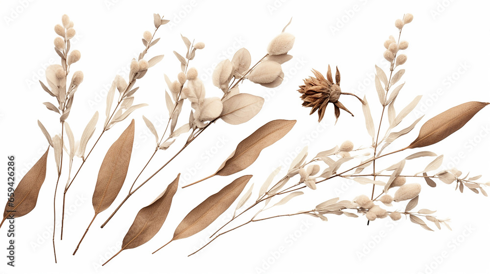 dried willow blossom floral and leave decoration and boho flower on white background dried willow blossom floral and leave decoration and boho flower on white background