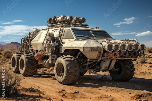 Modern vehicle in arid wasteland, after the end-of-the-world aesthetic. Generative AI