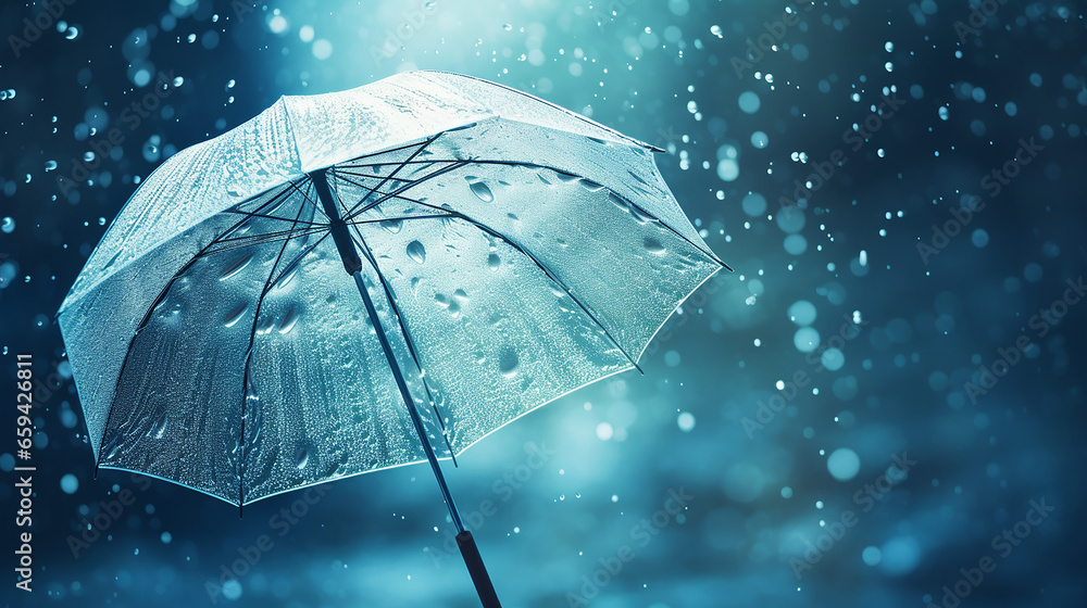 transparent umbrella under rain against water drops