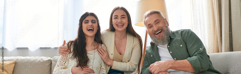 happy lgbt couple and father of one of them laughing and smiling at camera, ivf concept, banner happy lgbt couple and father of one of them laughing and smiling at camera, ivf concept, banner