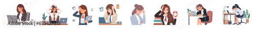 Stress and fatigue at work. Concept of burnout. Office workers are angry and anxious. Flat graphic vector illustrations isolated on white background.
