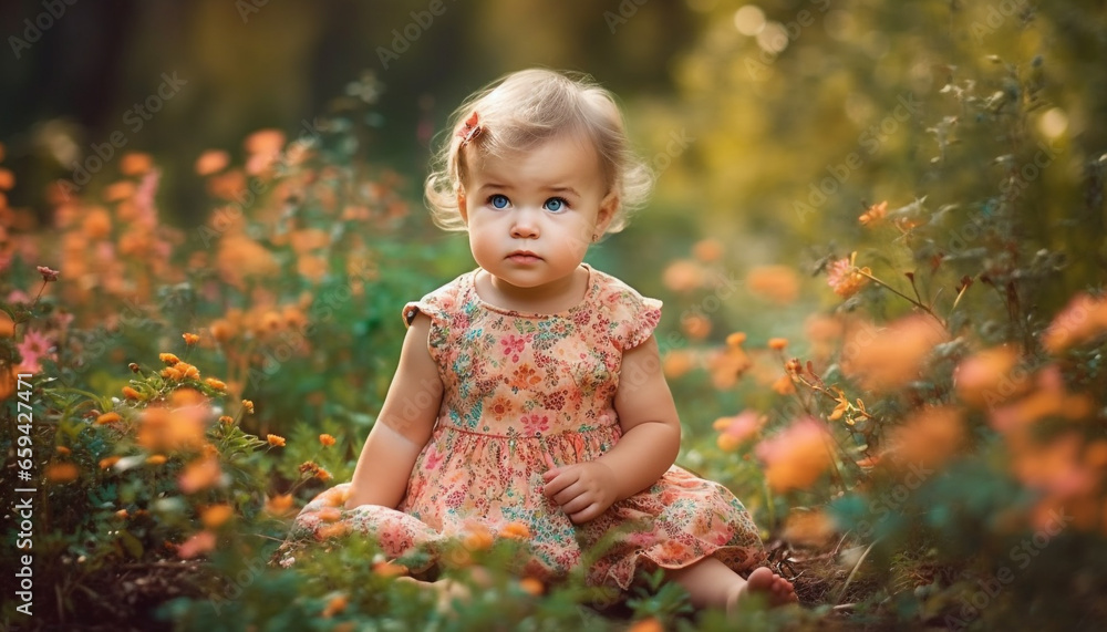 Smiling baby girl enjoys nature beauty in cheerful portrait generated by AI Smiling baby girl enjoys nature beauty in cheerful portrait generated by AI