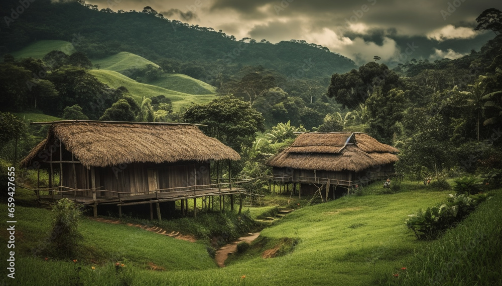 Green hut on rice paddy in rustic mountain landscape generated by AI Green hut on rice paddy in rustic mountain landscape generated by AI