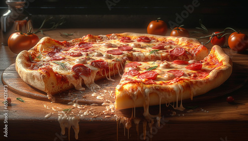 Freshly baked pizza on rustic wooden table with mozzarella and vegetables generated by AI