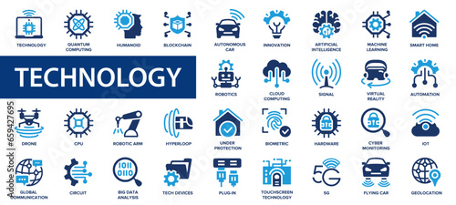 Technology flat icons set. Robot, biometric, 5g, innovation, smart, blockchain. Flat icon collection.