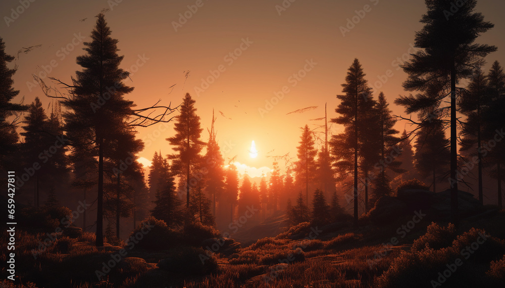 Silhouette of pine tree back lit by orange sunset sky generated by AI Silhouette of pine tree back lit by orange sunset sky generated by AI