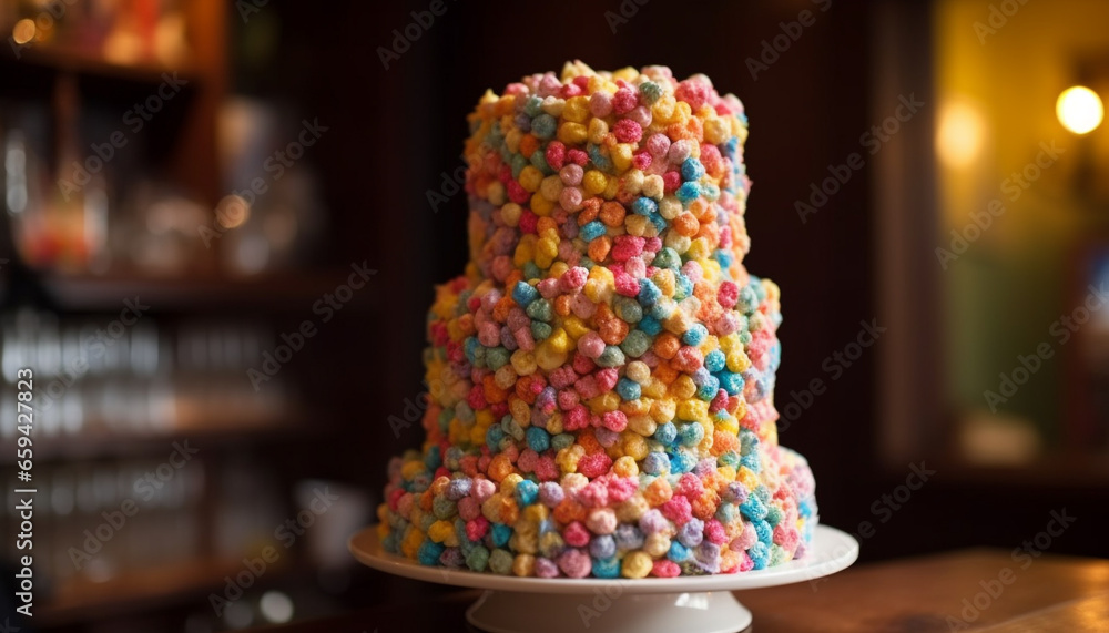 Multi colored birthday cake with sweet icing decoration generated by AI