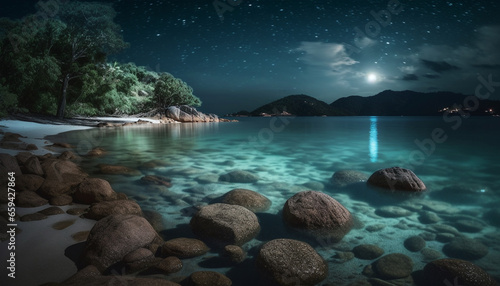 Tranquil seascape at dusk, reflecting milky way on waters edge generated by AI