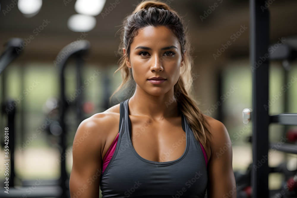 Portrait shot of beautiful fit brunette woman at the gym, Young sportswoman at the fitness center