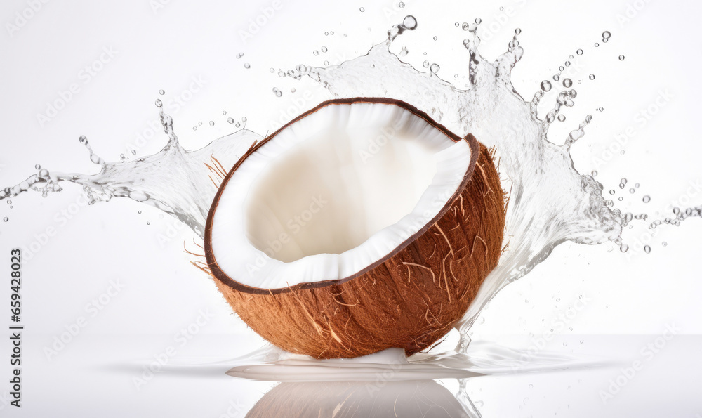 Fresh coconut against the background of water splashes. Levitation. Vegan drink, coconut oil, benefits of coco in food or cosmetics Fresh coconut against the background of water splashes. Levitation. Vegan drink, coconut oil, benefits of coco in food or cosmetics