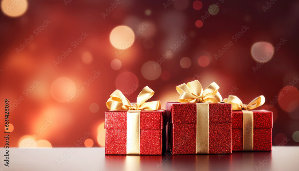 Christmas red gift boxes with golden ribbon on blurred background with beautiful bokeh. Happy holiday. Xmas greeting card. Copy space Christmas red gift boxes with golden ribbon on blurred background with beautiful bokeh. Happy holiday. Xmas greeting card. Copy space