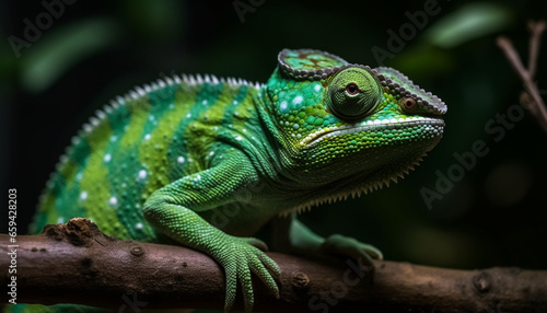 Green gecko perching on branch in forest generated by AI