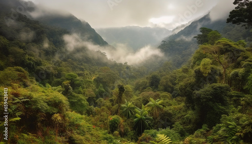 Green trees, foggy mountain, tranquil nature scene generated by AI