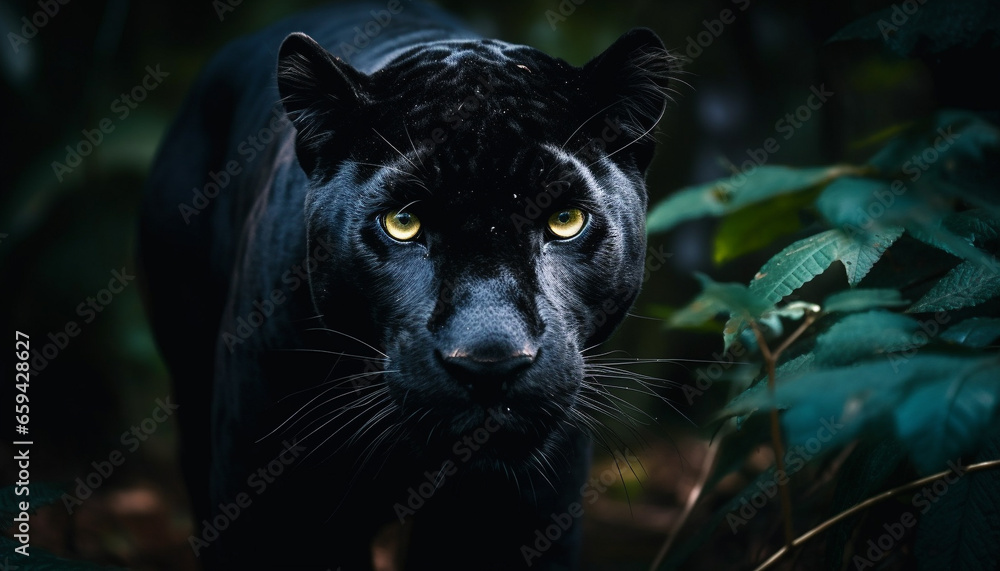 Black feline staring, beauty in nature portrait generated by AI