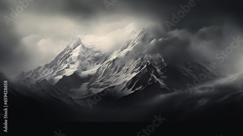  a black and white photo of a mountain with clouds in the sky. generative ai