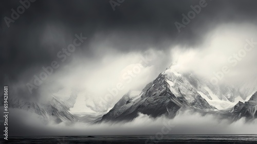  a black and white photo of a mountain with a cloudy sky. generative ai