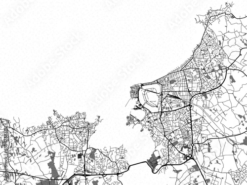Foto Greyscale vector city map of  Saint-Malo in France with with water, fields and parks, and roads on a white background