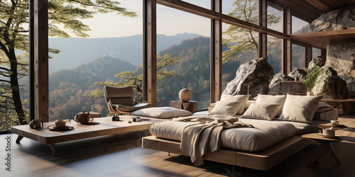 Interior Design  Minimalistic Living room with serene nature view  Beautiful villa design in the forest