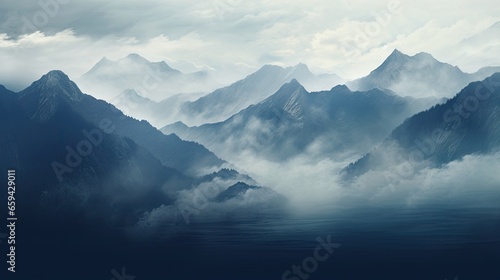  a painting of a mountain range in the distance with clouds in the foreground. generative ai