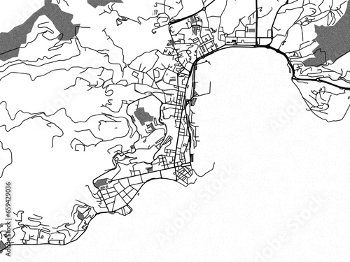 Greyscale vector city map of  Ajaccio in France with with water, fields and parks, and roads on a white background.
