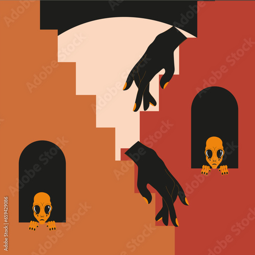 Retro Surrealism artwork with alien, going hand and stairs. Futuristic design for t-shirt print. Trendy modern art in y2k groovy style. Vector illustration.