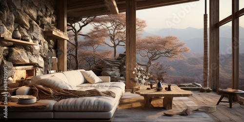 Interior Design  Minimalistic Living room with serene nature view  Beautiful villa design in the forest