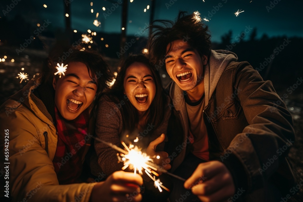 Group of Asian friends enjoying fireworks during festival