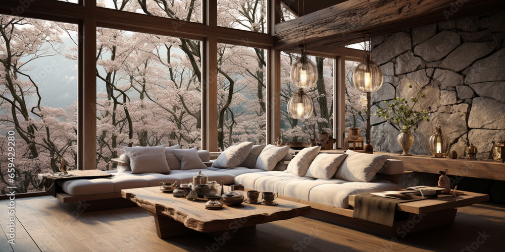 Interior Design, Minimalistic Living room with serene nature view, Beautiful villa design in the forest Interior Design, Minimalistic Living room with serene nature view, Beautiful villa design in the forest