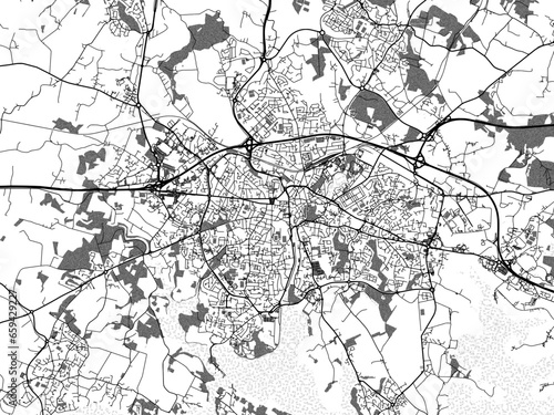 Greyscale vector city map of  Vannes in France with with water, fields and parks, and roads on a white background.
