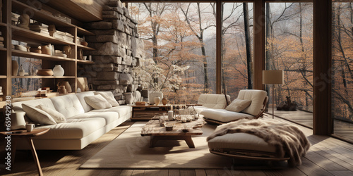 Interior Design, Minimalistic Living room with serene nature view, Beautiful villa design in the forest