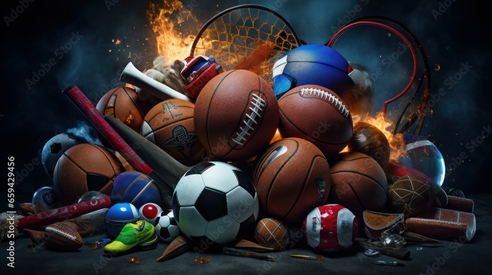 A set of different sport equipment and balls - obrazy, fototapety, plakaty 