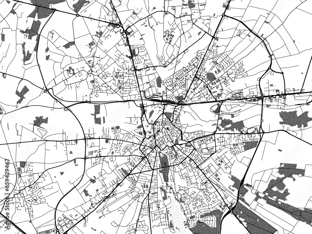 Naklejka premium Greyscale vector city map of Bourges in France with with water, fields and parks, and roads on a white background.