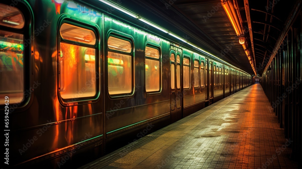  a subway train with its doors open at night time,.  generative ai