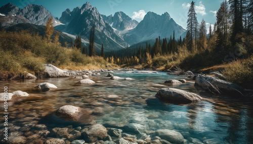 Tranquil scene of majestic mountain range with flowing water and trees generated by AI © Stockgiu