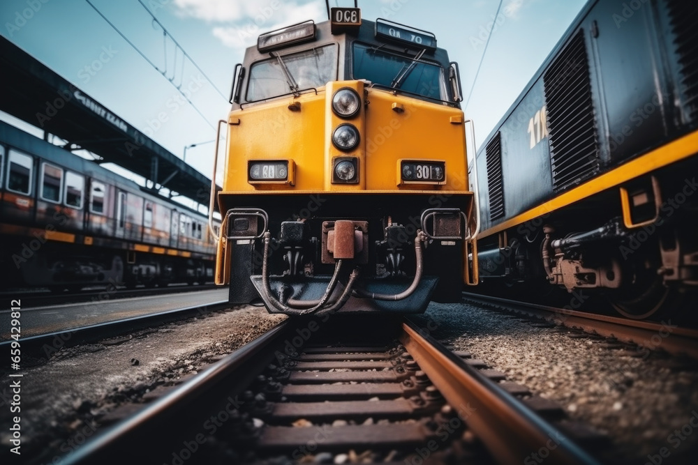 Electric locomotive on the platform close up