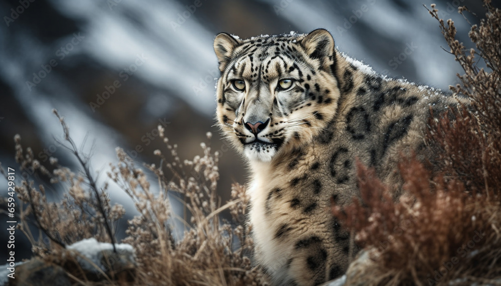 Majestic Bengal tiger walking in the snow covered wilderness generated by AI Majestic Bengal tiger walking in the snow covered wilderness generated by AI