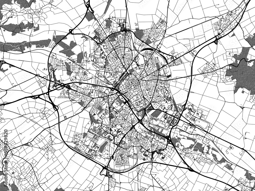 Greyscale vector city map of  Reims in France with with water, fields and parks, and roads on a white background.