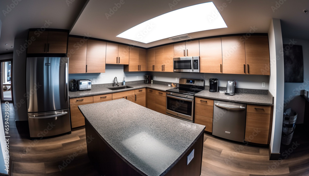 Fototapeta premium Modern domestic kitchen design with luxury stainless steel appliances and marble decor generated by AI