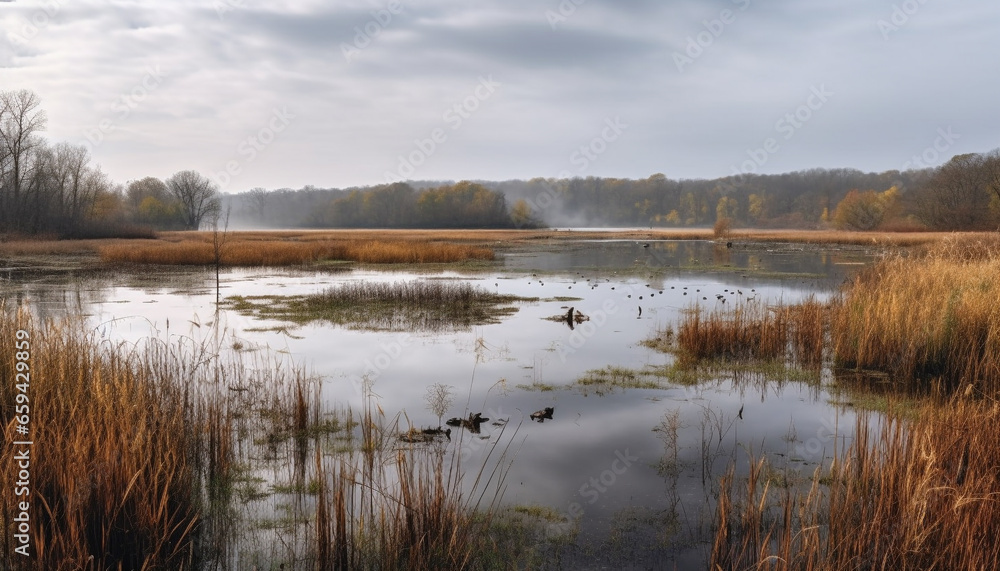 Fototapeta premium Tranquil autumn landscape with yellow leaves, reflection in pond generated by AI