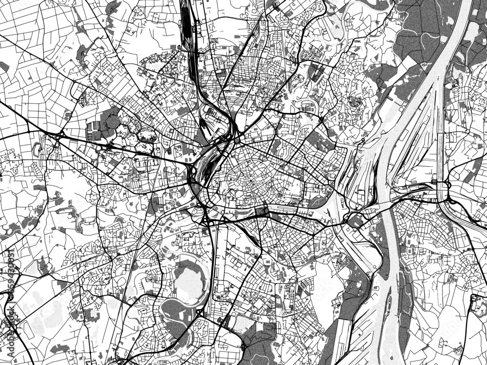 Greyscale vector city map of  Strasbourg in France with with water, fields and parks, and roads on a white background.