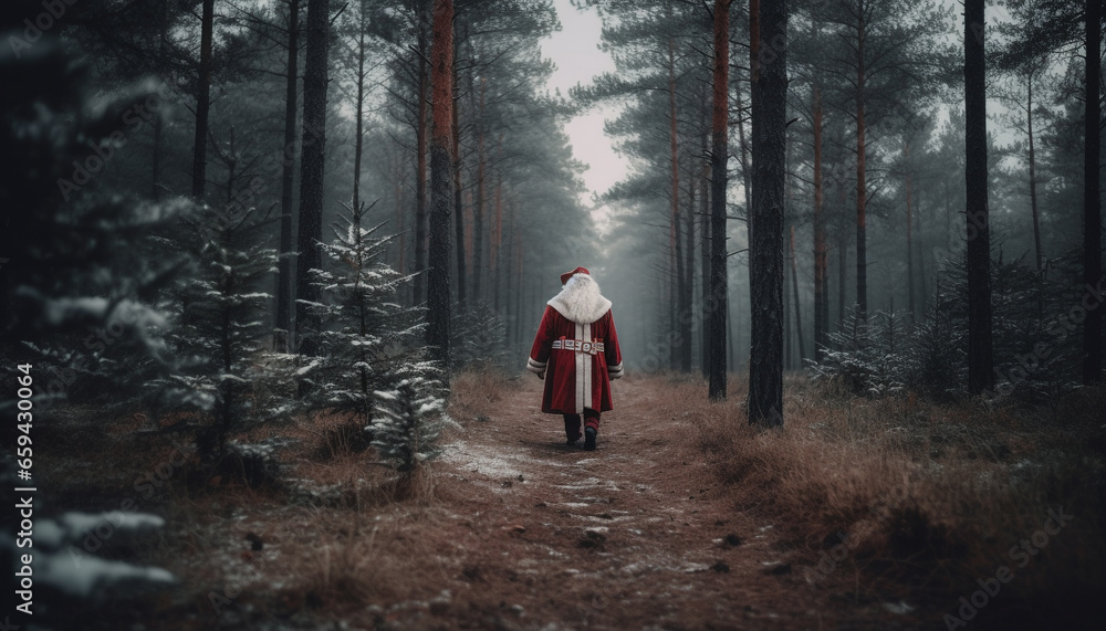 One person walking in spooky forest, mystery and solitude generated by AI