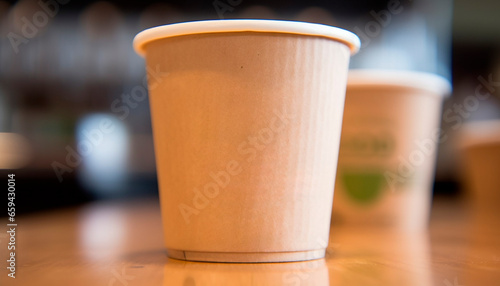 Close up of disposable coffee cup with cappuccino and latte generated by AI