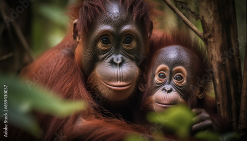 Young primate in tropical rainforest, close up portrait of orangutan generated by AI © Stockgiu