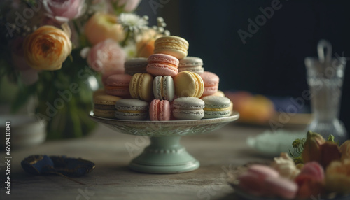 French macaroons on rustic wood table arrangement generated by AI