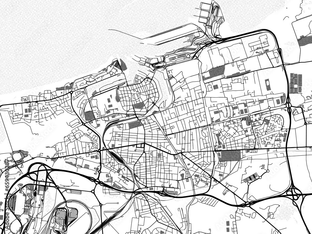 Naklejka premium Greyscale vector city map of Calais in France with with water, fields and parks, and roads on a white background.