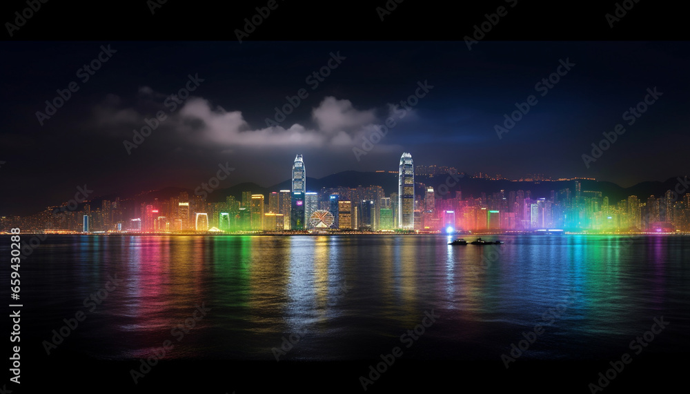 Illuminated skyscrapers reflect on the multi colored waterfront at dusk generated by AI
