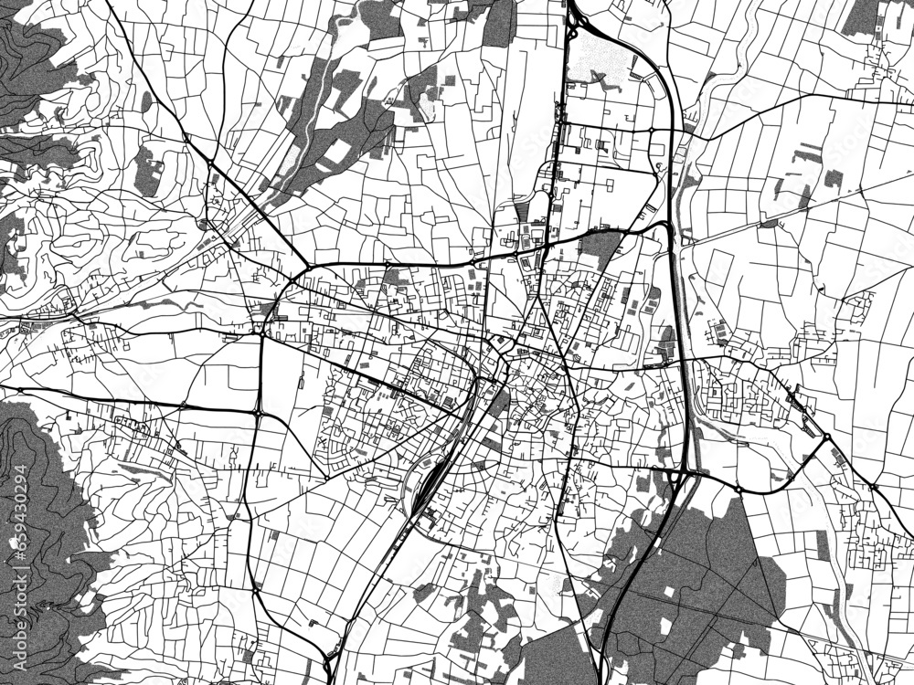 Greyscale vector city map of Colmar in France with with water, fields and parks, and roads on a white background. Greyscale vector city map of Colmar in France with with water, fields and parks, and roads on a white background.