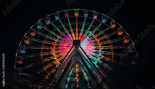 Glowing carnival wheel spins in vibrant colors generated by AI