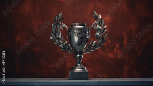 A trophy placed on a pedestal with a laurel wreath draped around it, representing victory, honor, and achievement